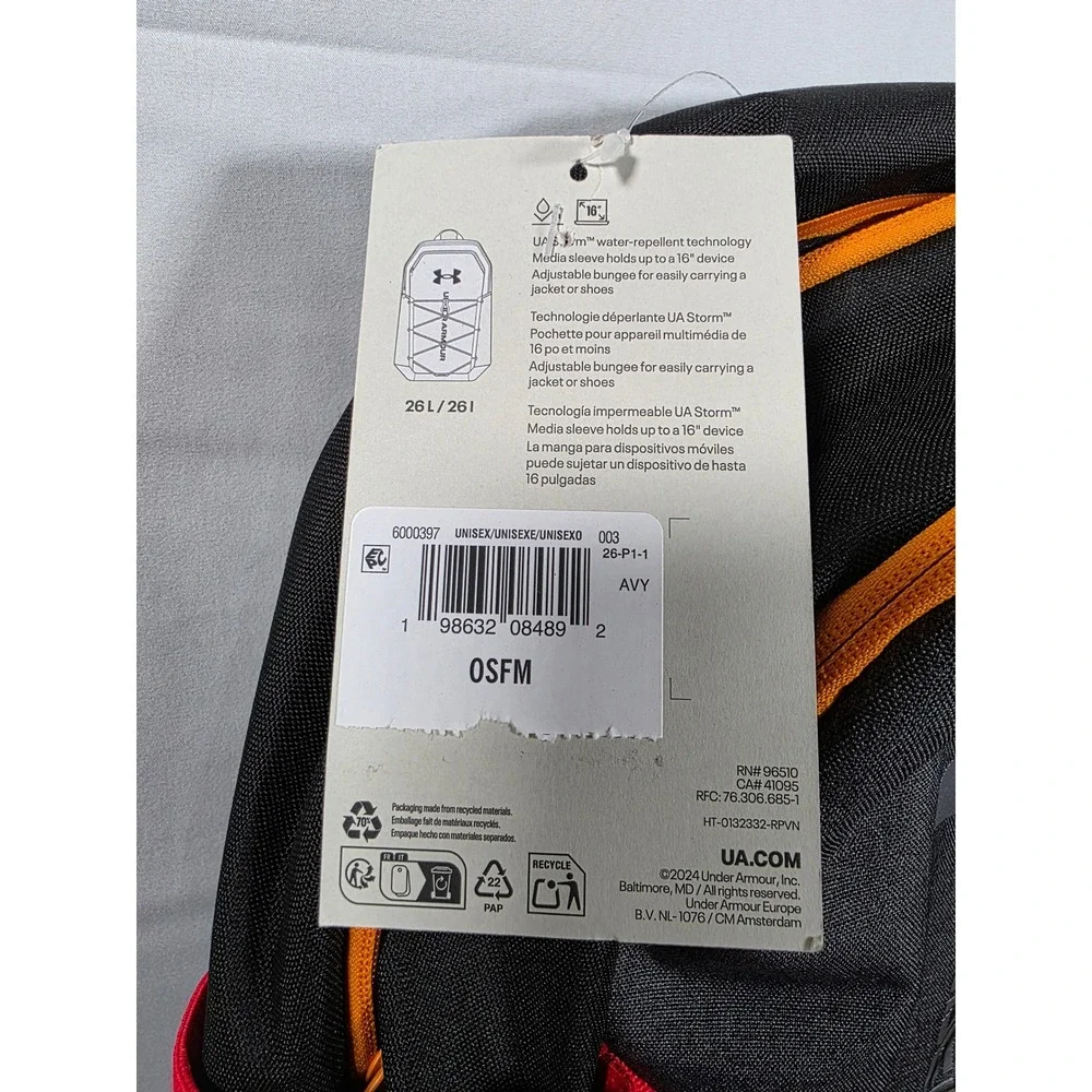 Under Armour Storm 26L Backpack Black Gray Blue Orange 16in Laptop Sleeve NEW